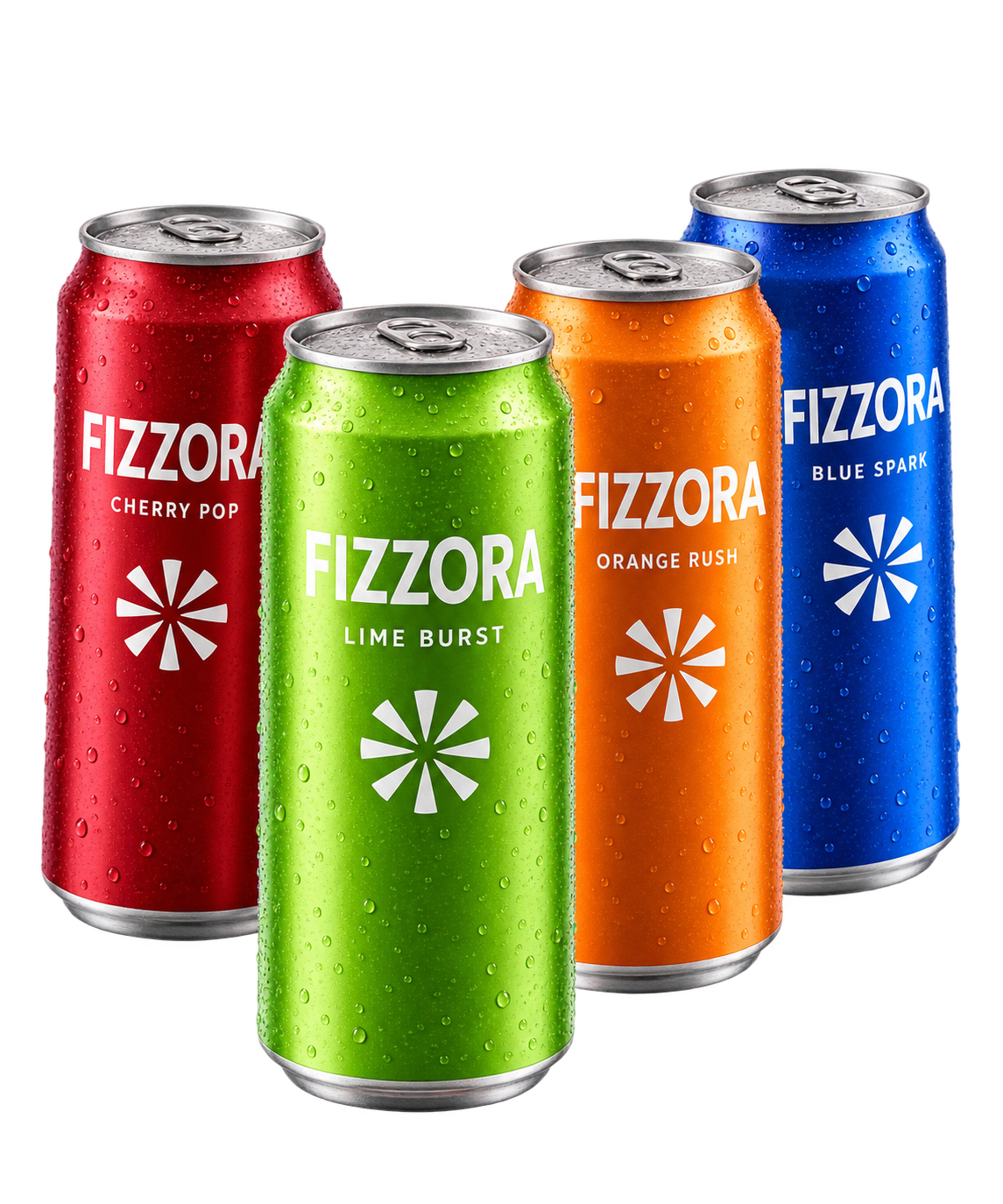 Quattro lattine Fizzora colorate: Lime Burst, Cherry Pop, Orange Rush e Blue Spark