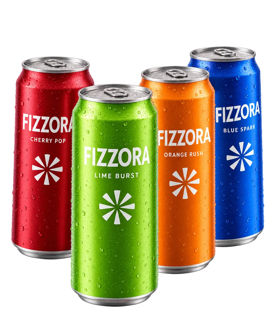 Quattro lattine Fizzora colorate: Lime Burst, Cherry Pop, Orange Rush e Blue Spark